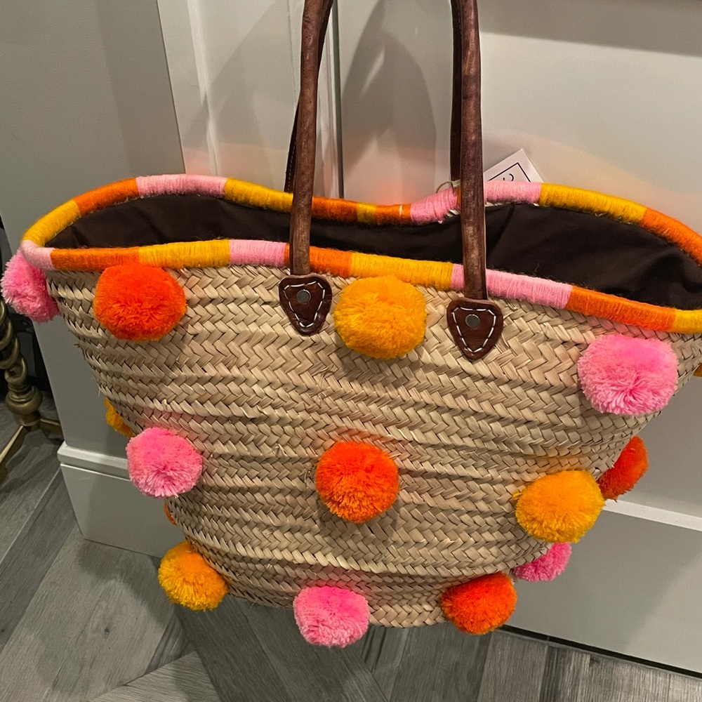 Sour De Marc Leather handle straw Beach Bag Tote